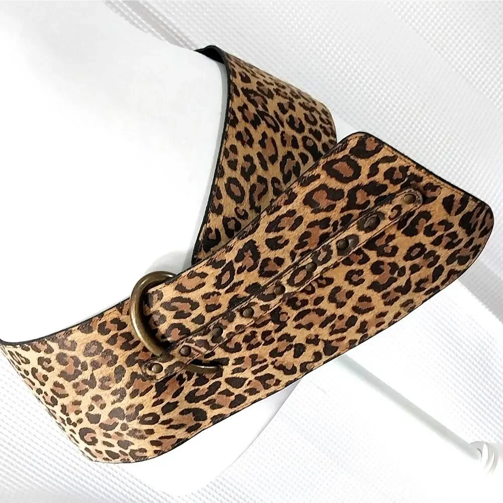 Wide Leopard Print Waist Belt with Antique Gold Buckle - Brown